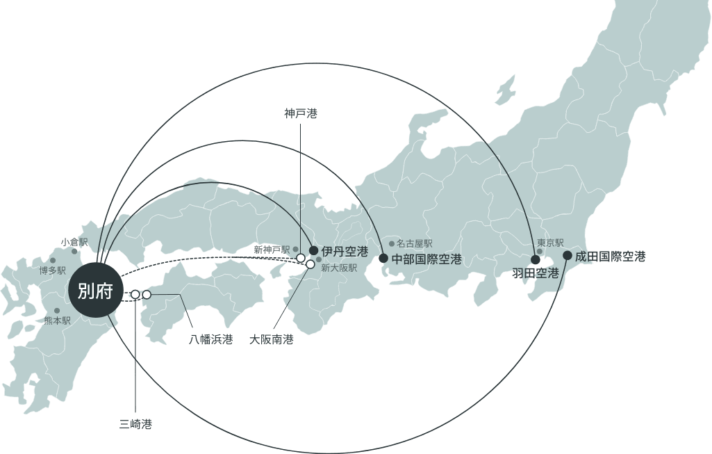 東京から西の主要都市別に別府市へのアクセス方法をご紹介いたします。