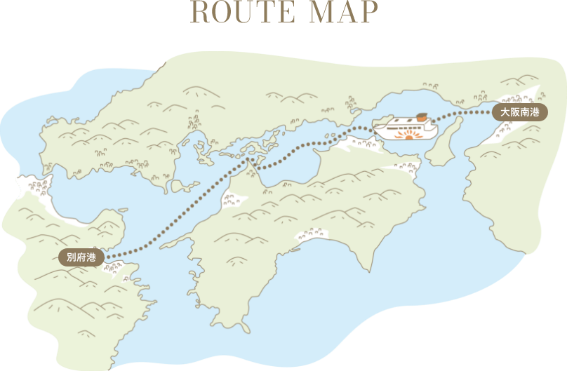 ルートマップ。今回は大阪南港から瀬戸内海を通り別府港への船旅となります。